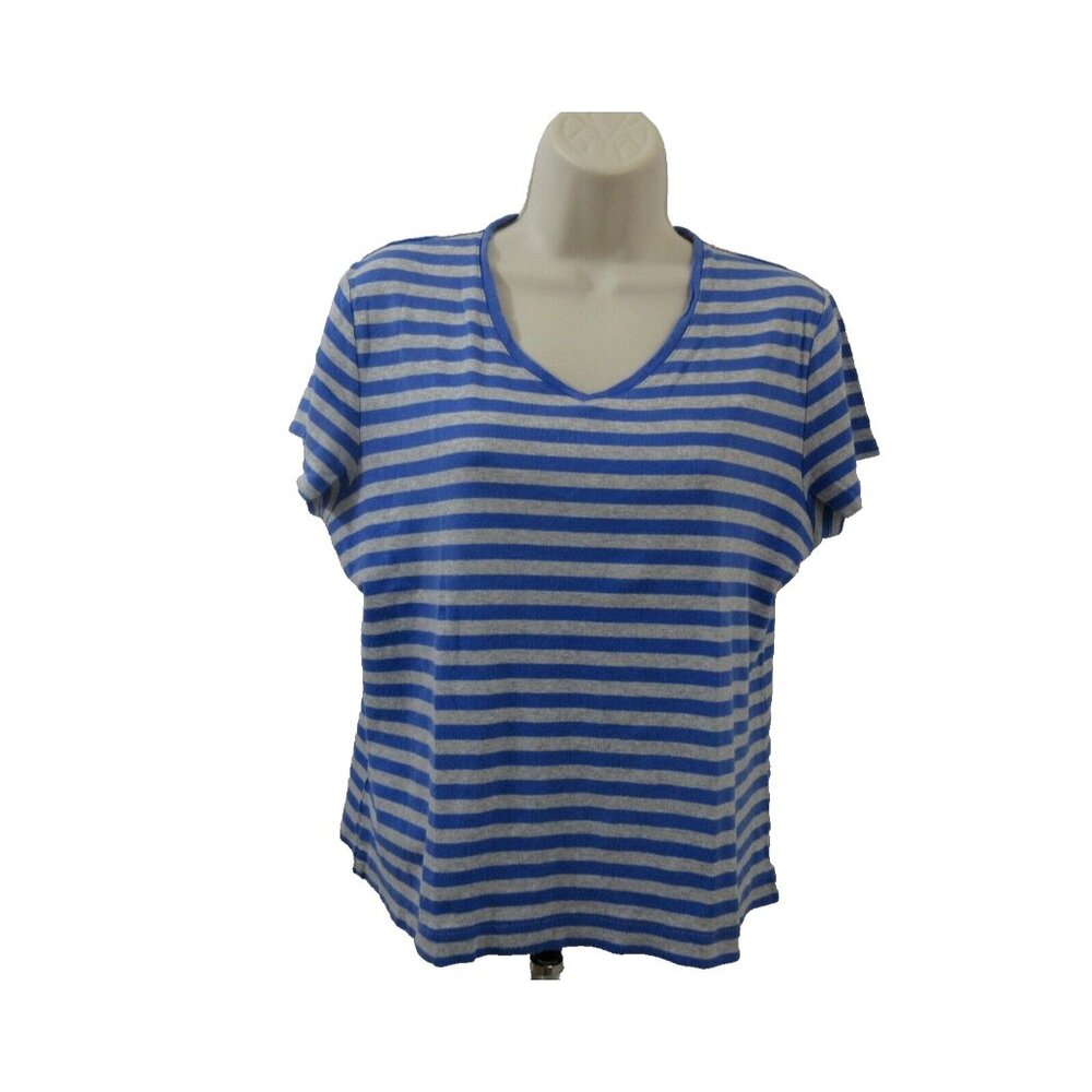 Croft & Barrow Classic T-Shirt Size Large Blue Gray Stripes V-Neck Short Sleeve